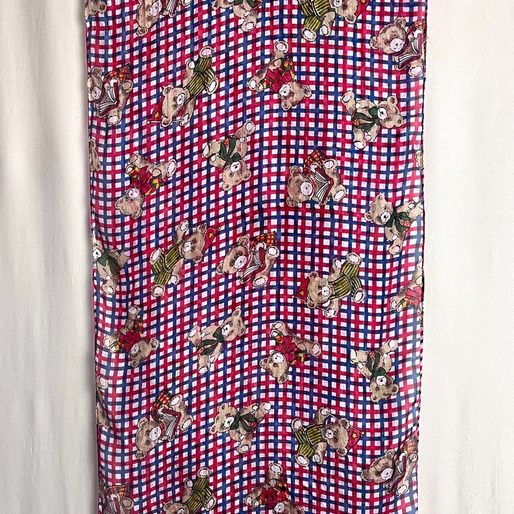 Teddy Bear Print Silk Scarf Rectangle 62” X 14” Novelty Cottagecore Whimsical - Picture 4 of 7